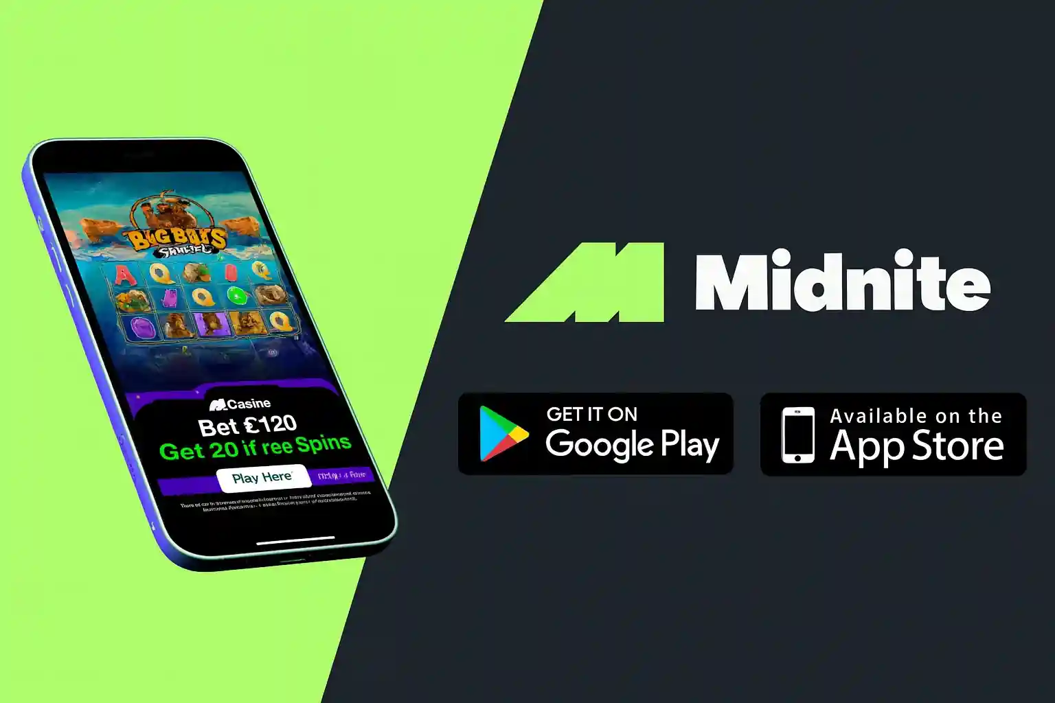 Mobile phone app screen with Google Play and App Store badges