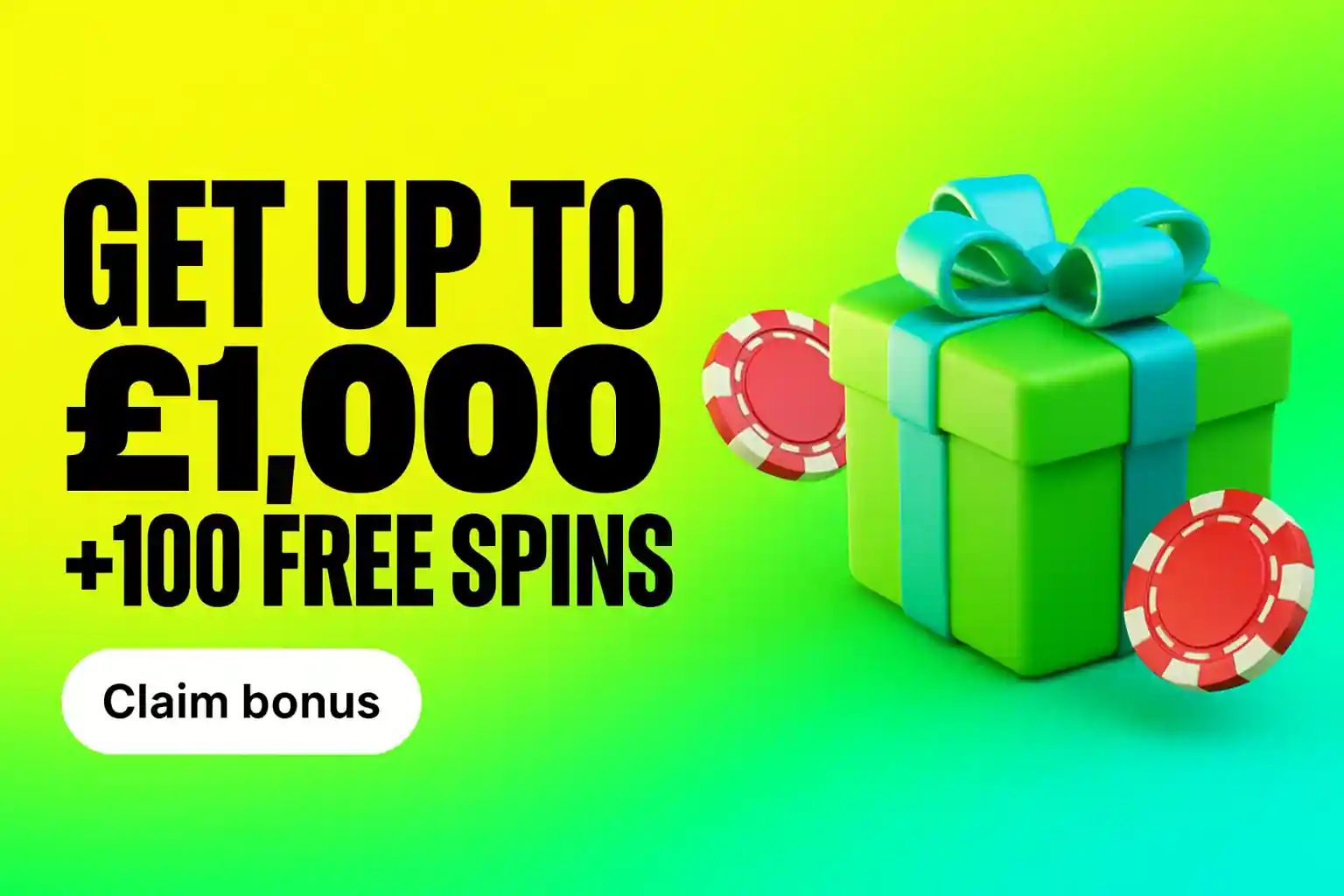 Gift box with casino chips free spins up to £1000