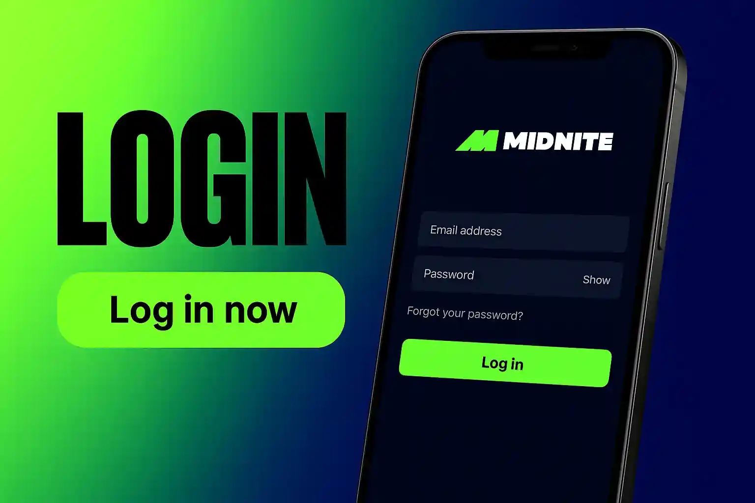 Mobile phone showing login screen for Midnite