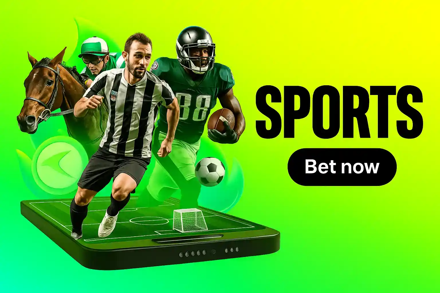 Jockey on horse with bet now text